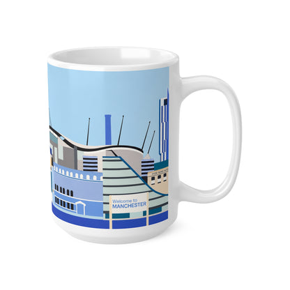Welcome to Manchester City Skyline Mug — Blue Illustrated Landmark Coffee Cup (11oz & 15oz)