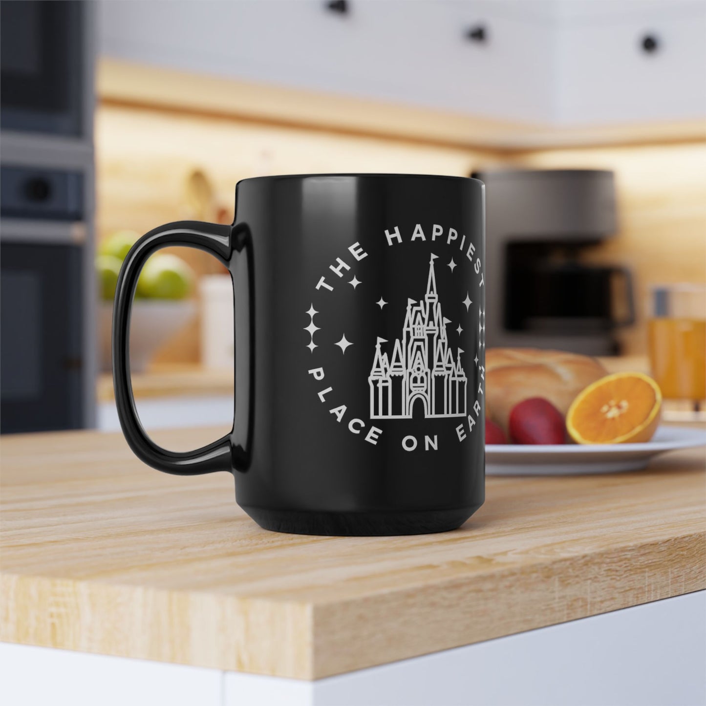 Black Castle Mug — "The Happiest Place on Earth" Ceramic Coffee Cup (11oz/15oz)