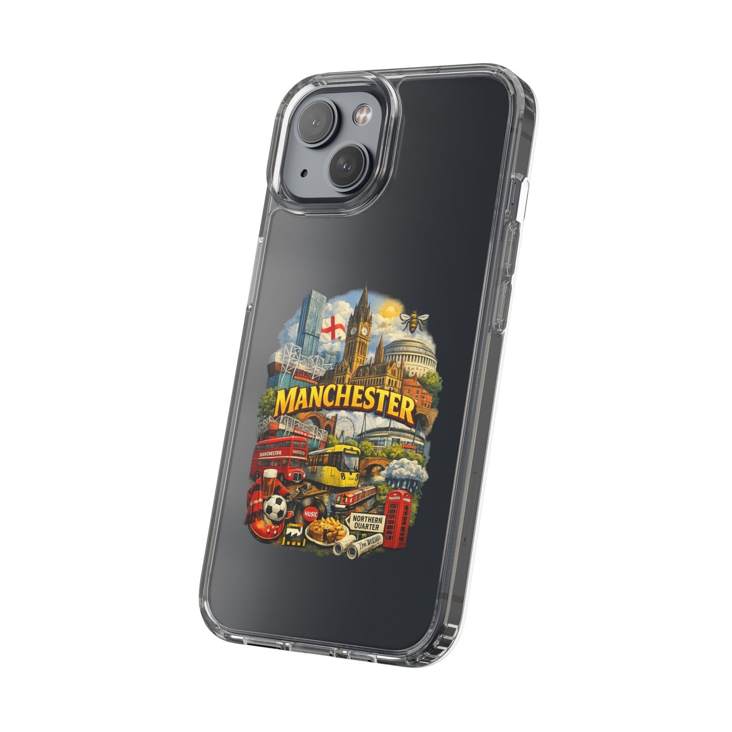 Manchester Landmark Clear Phone Case — Cityscape Collage Design