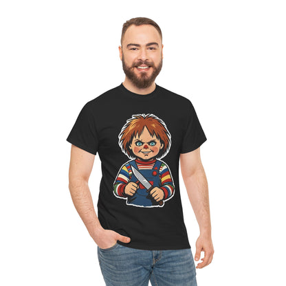 Horror Doll Knife Tee — Creepy Chucky-Inspired Graphic T-Shirt
