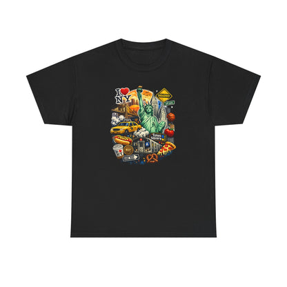 New York City Icons T-Shirt — Statue of Liberty, Taxi & I  NY Collage Tee