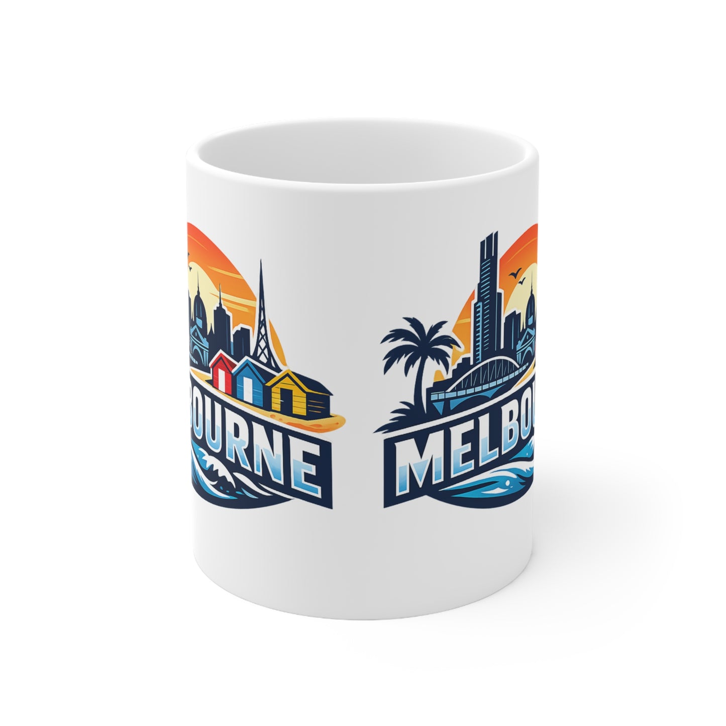 Melbourne Skyline Ceramic Coffee Mug — Retro Beach Cityscape 11oz/15oz
