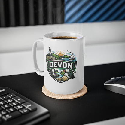 Devon Scenic Mug — Coastal Lighthouse, Puffin & Cow Ceramic Coffee Cup (11oz & 15oz)