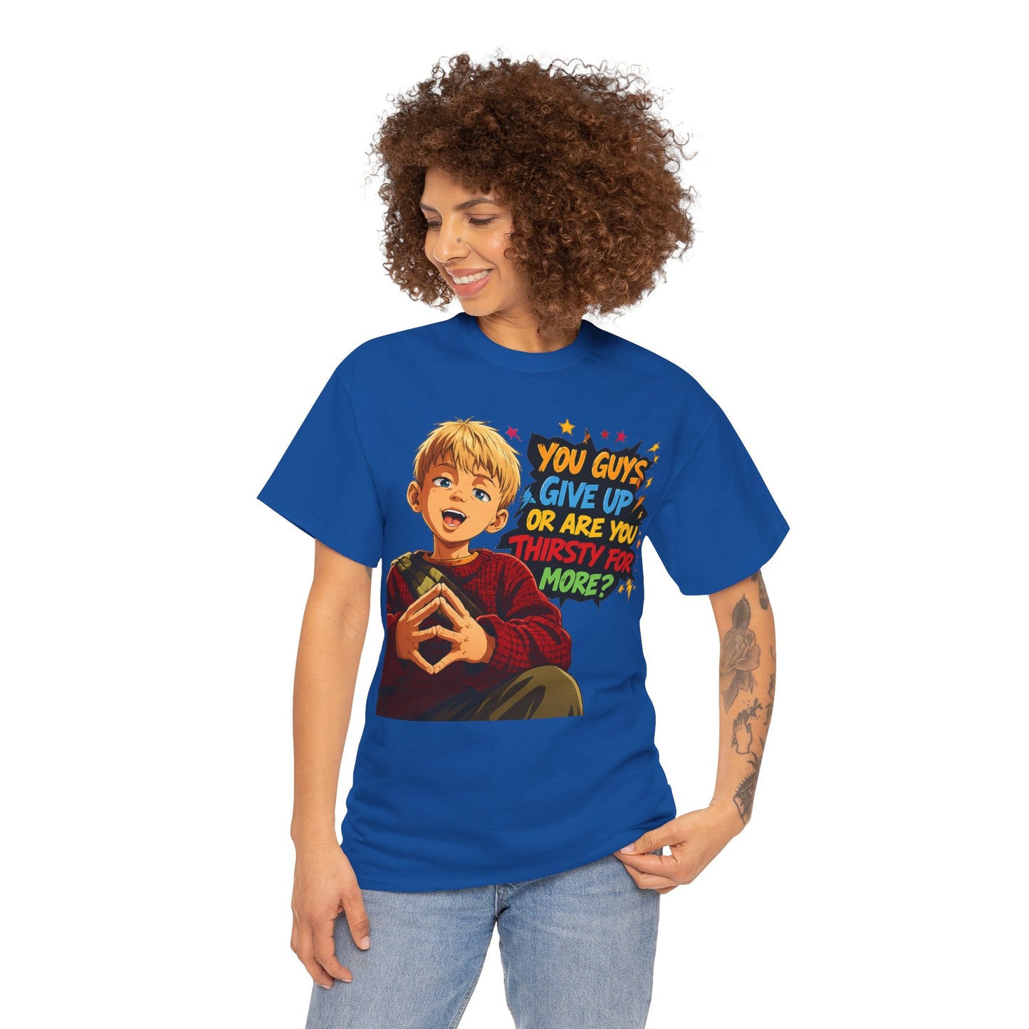 Home Alone Inspired Graphic Tee — 'You Guys Give Up or Are You Thirsty for More?' Nostalgic Comic Boy T-Shirt