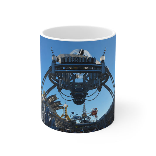 Tomorrowland Sign Photo Ceramic Mug — Vintage Carnival Sky Coffee Cup (11oz/15oz)