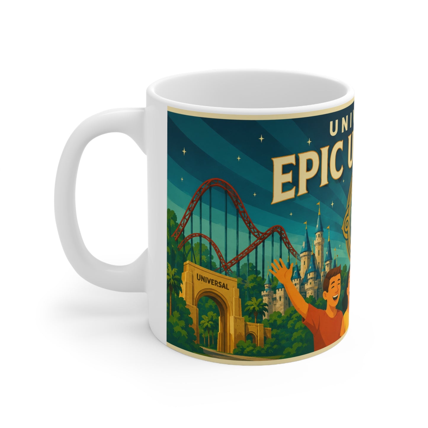 Epic Universal Theme Park Coffee Mug — Vintage Roller Coaster & Castle Design (11oz/15oz)