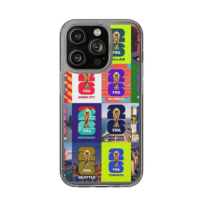 FIFA World Cup Pop Art Clear Phone Case — City Badge Collage (Dallas, LA, Monterrey, Toronto, Seattle)