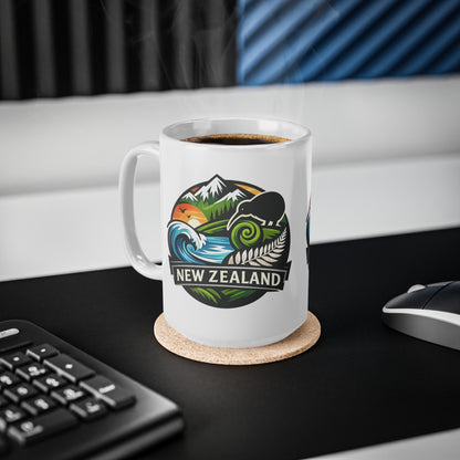 New Zealand Scenic Badge Ceramic Mug — Kiwi, Fern & Ocean Coffee Cup (11oz/15oz)