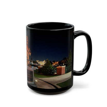 The Simpsons Photo Mug — University Statue & Campus Lights (Black 11oz/15oz)
