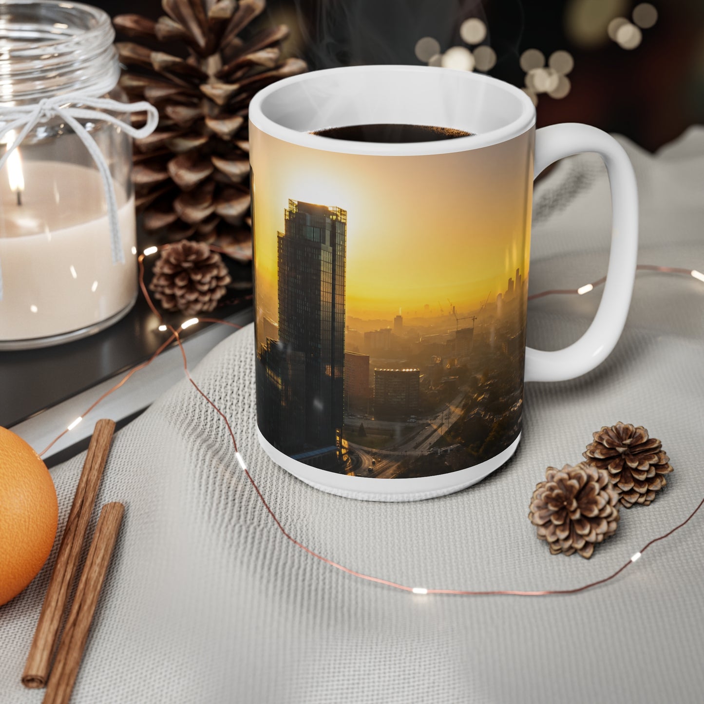 Manchester UK Sunrise Cityscape Ceramic Mug — Urban Skyline Coffee Cup (11oz & 15oz)