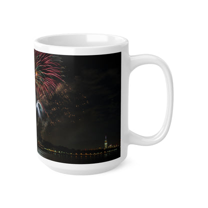 Statue of Liberty Fireworks Coffee Mug — Patriotic New York Night Skyline 11oz/15oz