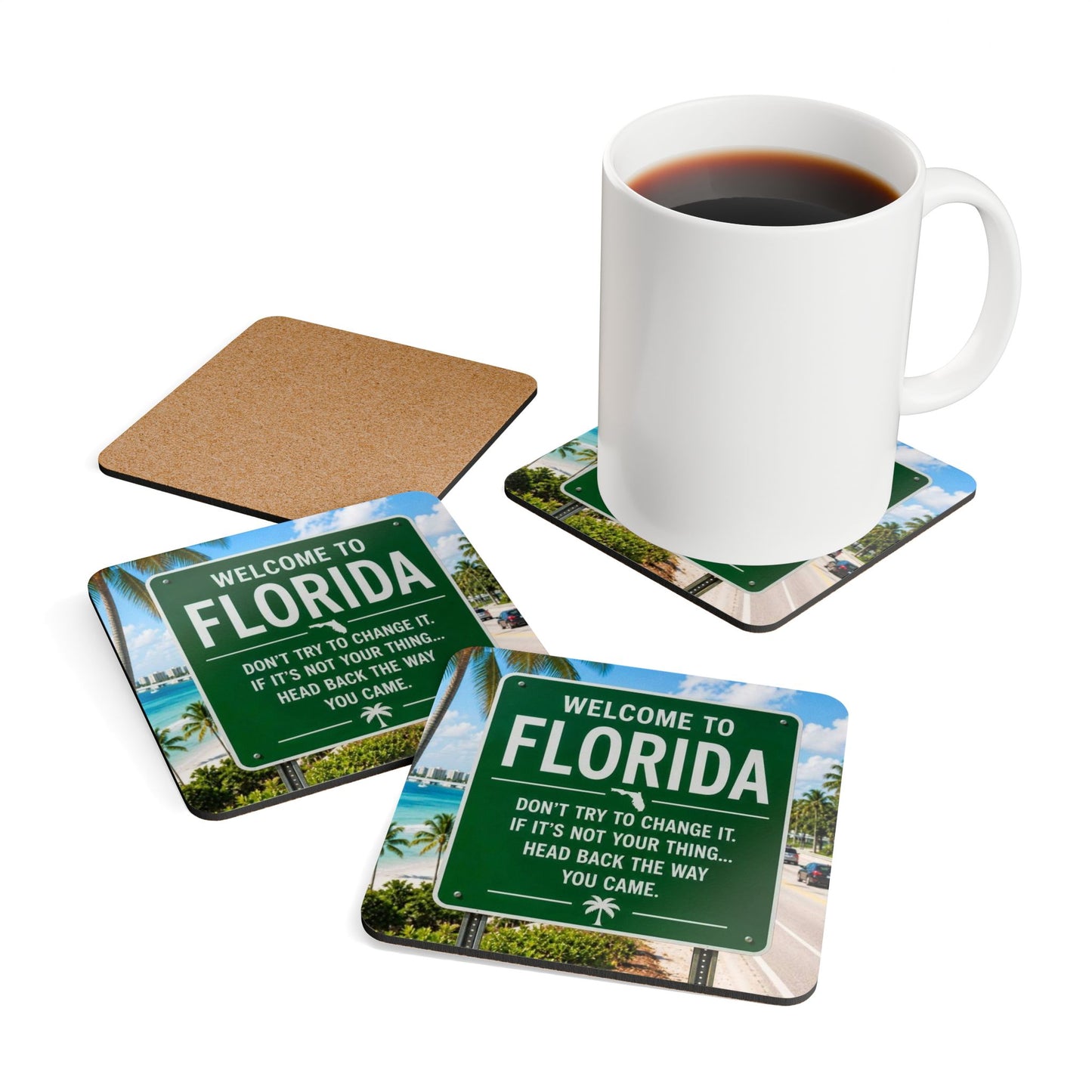 Florida Welcome Sign Corkwood Coaster Set – 'Welcome to Florida' Beach Road Drink Coasters