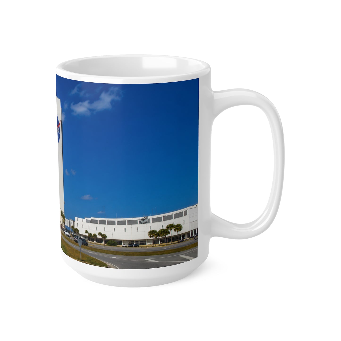 NASA Vehicle Assembly Building Photo Mug — American Flag Kennedy Space Center Souvenir (11oz & 15oz)