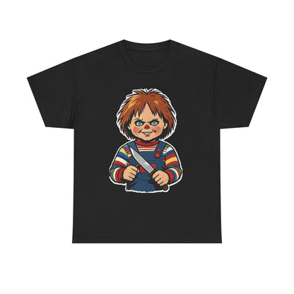 Horror Doll Knife Tee — Creepy Chucky-Inspired Graphic T-Shirt