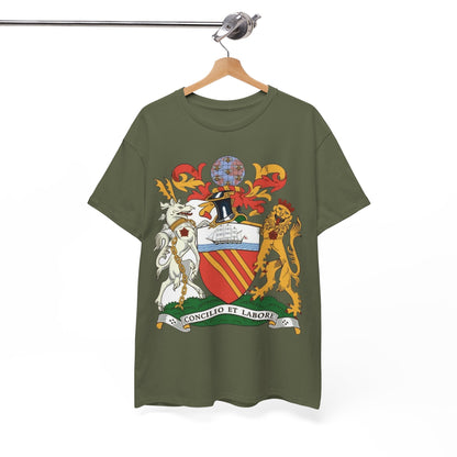 Manchester Coat of Arms Crest T‑Shirt — Heraldic Family Shield Tee with 'Concilio et Labore' Banner