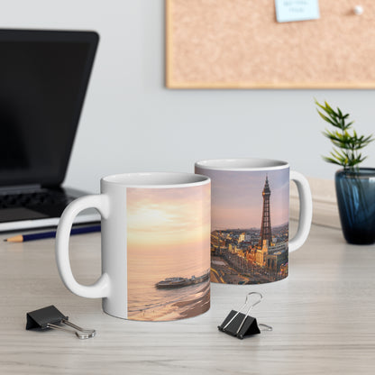 Blackpool Sunset Pier Ceramic Coffee Mug — Coastal Seaside Sunrise Photo, 11oz & 15oz