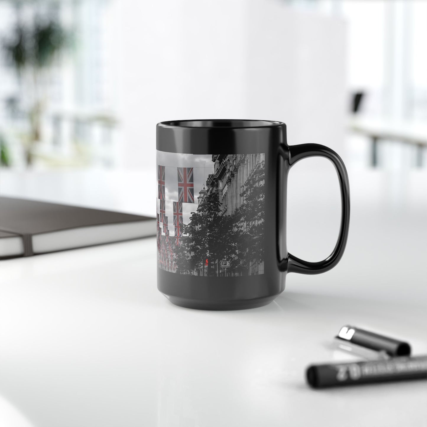 London Street Union Jack Street Scene Black Mug (11oz, 15oz) — London Flags Coffee Cup