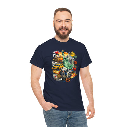 New York City Icons T-Shirt — Statue of Liberty, Taxi & I  NY Collage Tee