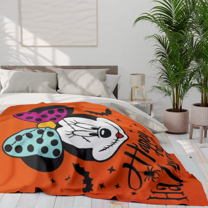 Halloween Minnie Mouse Fleece Blanket – "Happy Halloween" Orange Cozy Throw