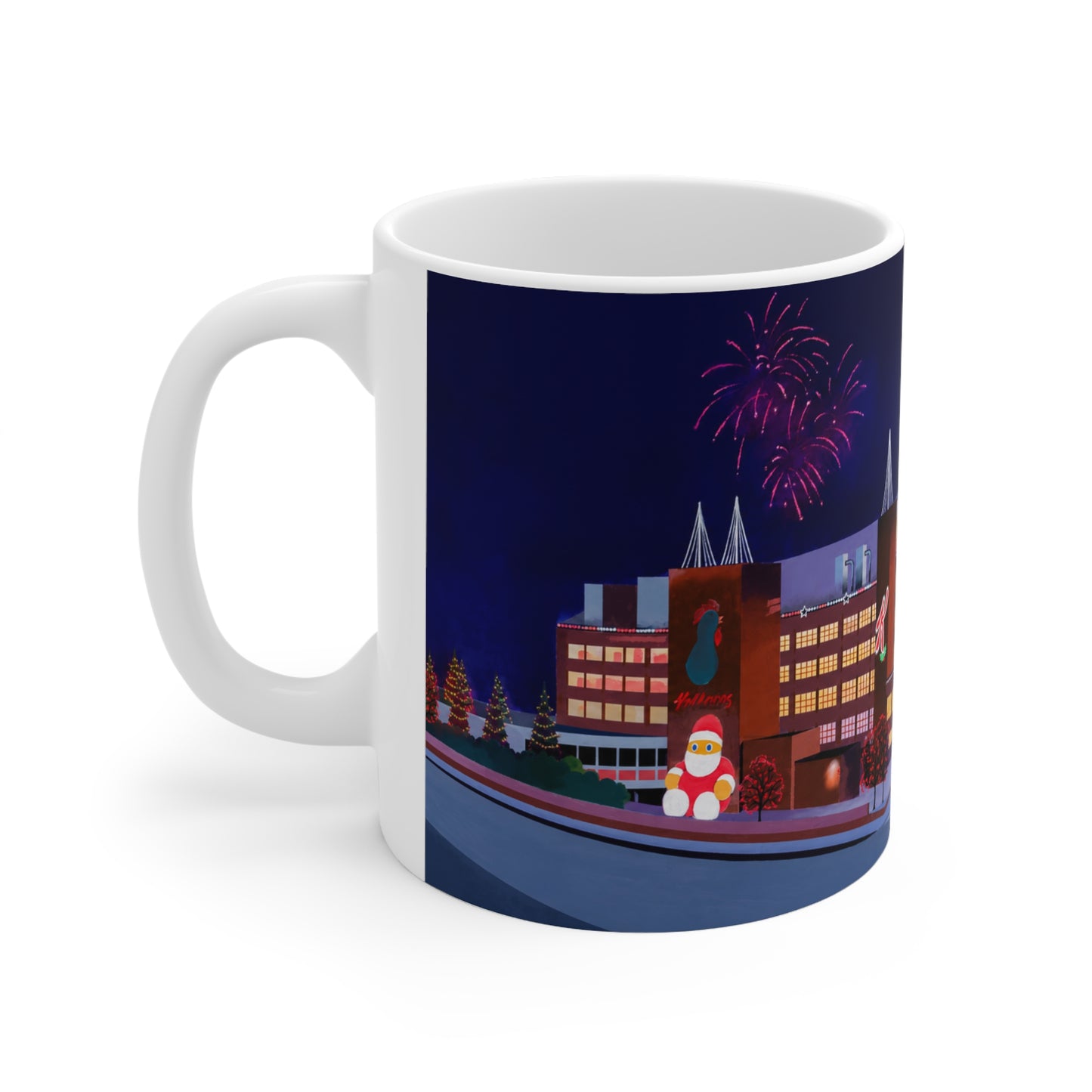 Kelloggs Trafford Park Mug — Festive Holiday Town Nightscape Ceramic Coffee Cup (11oz/15oz)