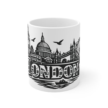 London Skyline Ceramic Mug — Black & White Cityscape Coffee Cup (11oz, 15oz)