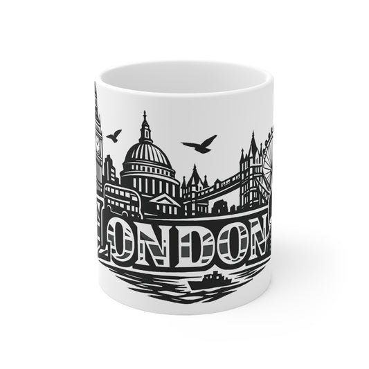 London Skyline Ceramic Mug — Black & White Cityscape Coffee Cup (11oz, 15oz)