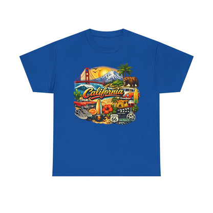 California Vintage Travel T-Shirt — Golden Gate, Palm Trees & Route 66 Tee