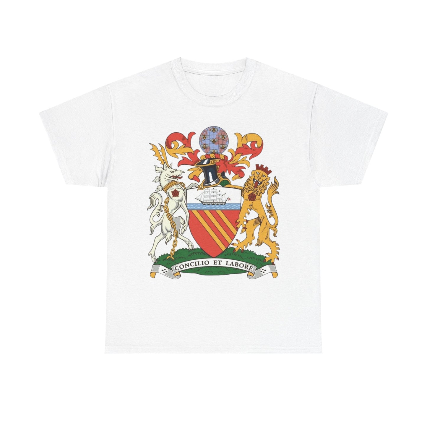 Manchester Coat of Arms Crest T‑Shirt — Heraldic Family Shield Tee with 'Concilio et Labore' Banner