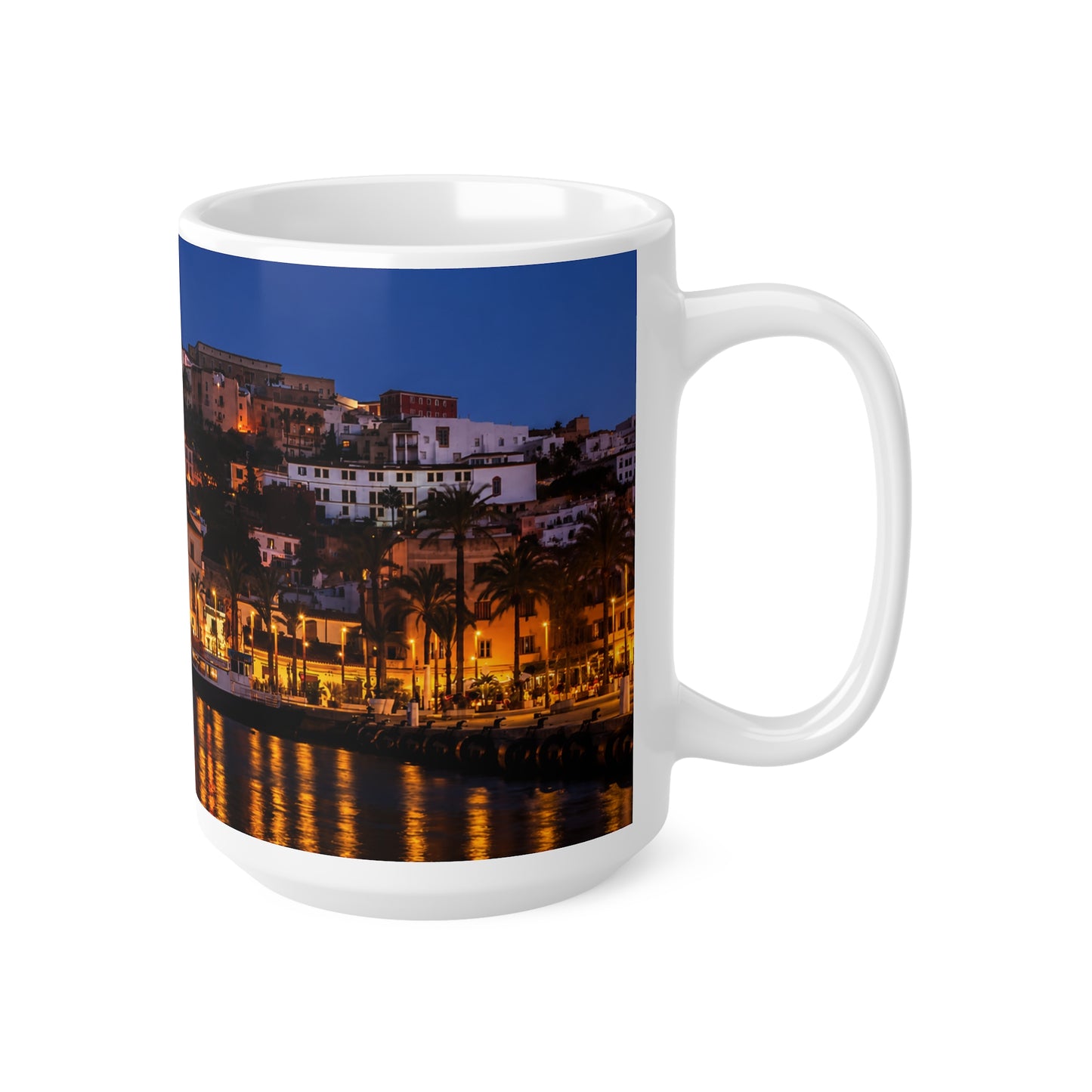 Night Harbor Cityscape Mug — Coastal Italy Evening Panorama Ceramic Coffee Cup (11oz, 15oz)