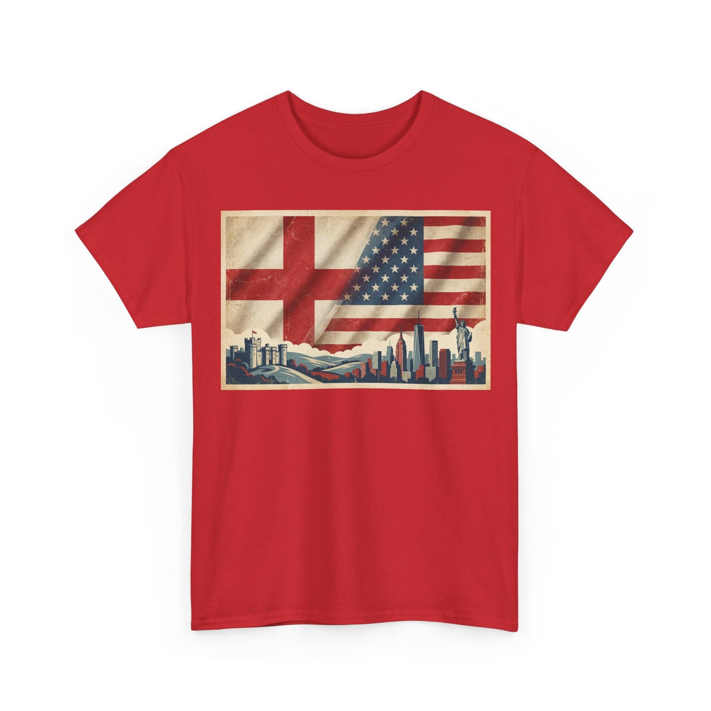 England + USA Flag Skyline T-Shirt — Vintage London & New York City Pride Tee