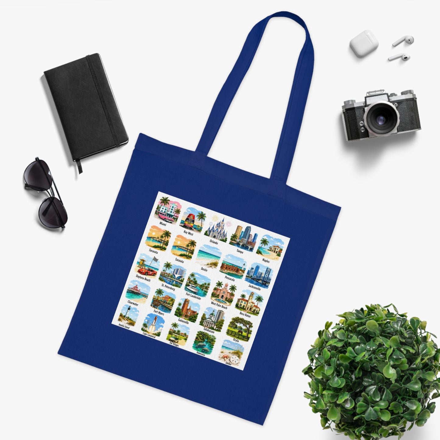 Florida City Landmarks Collage Cotton Tote – Vintage Travel Postcard Design