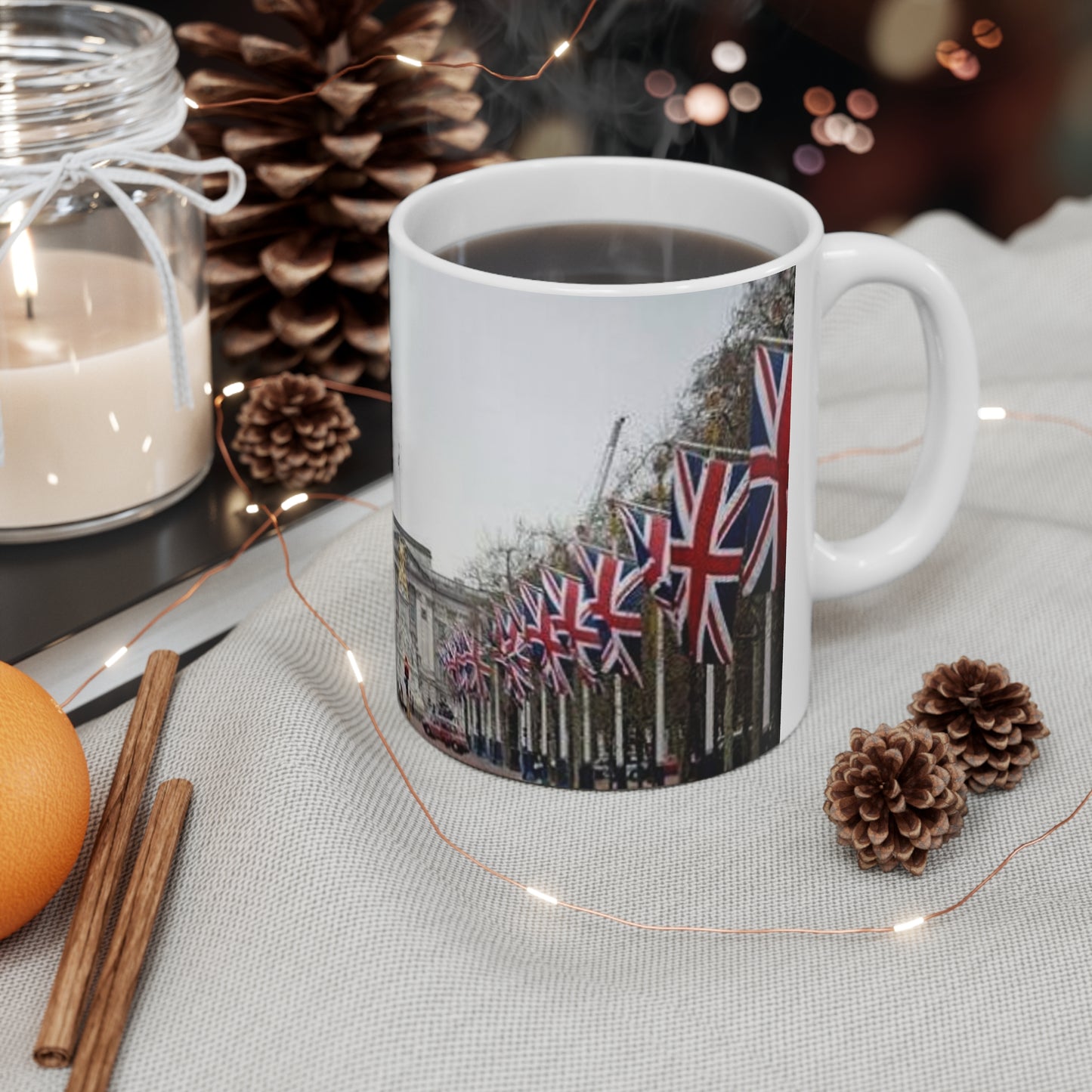 Union Jack Street Scene Ceramic Coffee Mug — 11oz & 15oz