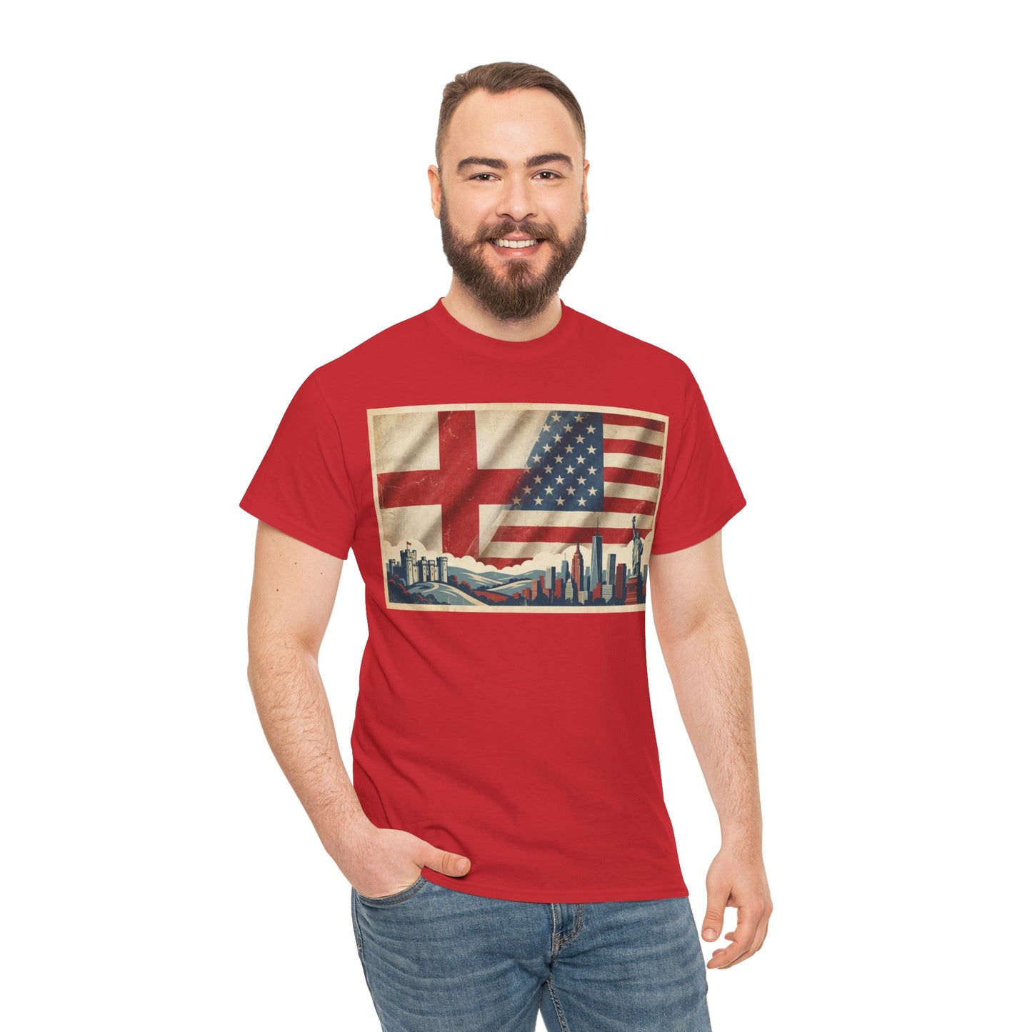 England + USA Flag Skyline T-Shirt — Vintage London & New York City Pride Tee