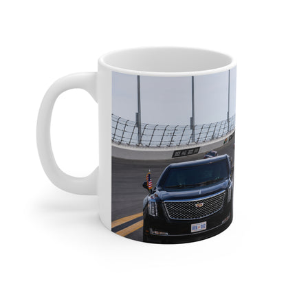Daytona Raceway Photo Mug — Presidential Motorcade & NASCAR Racing Ceramic Coffee Cup (11oz, 15oz)