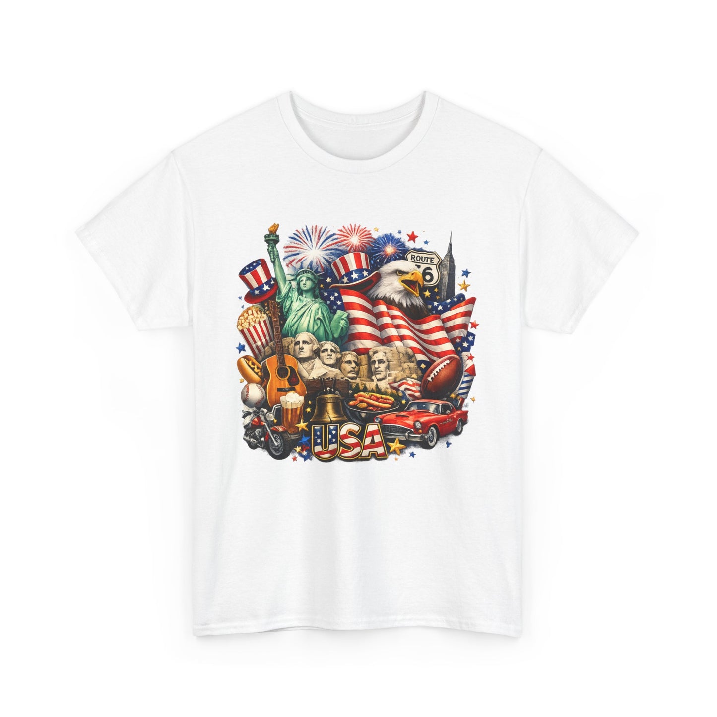 Patriotic USA Graphic Tee – American Flag, Statue of Liberty & Fireworks T-Shirt