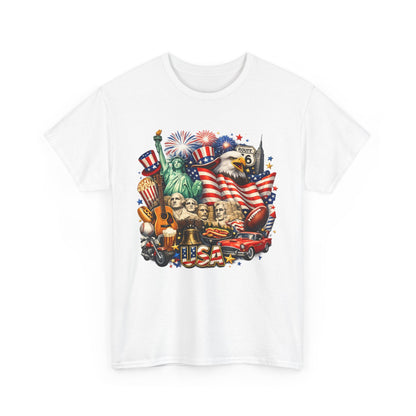 Patriotic USA Graphic Tee – American Flag, Statue of Liberty & Fireworks T-Shirt