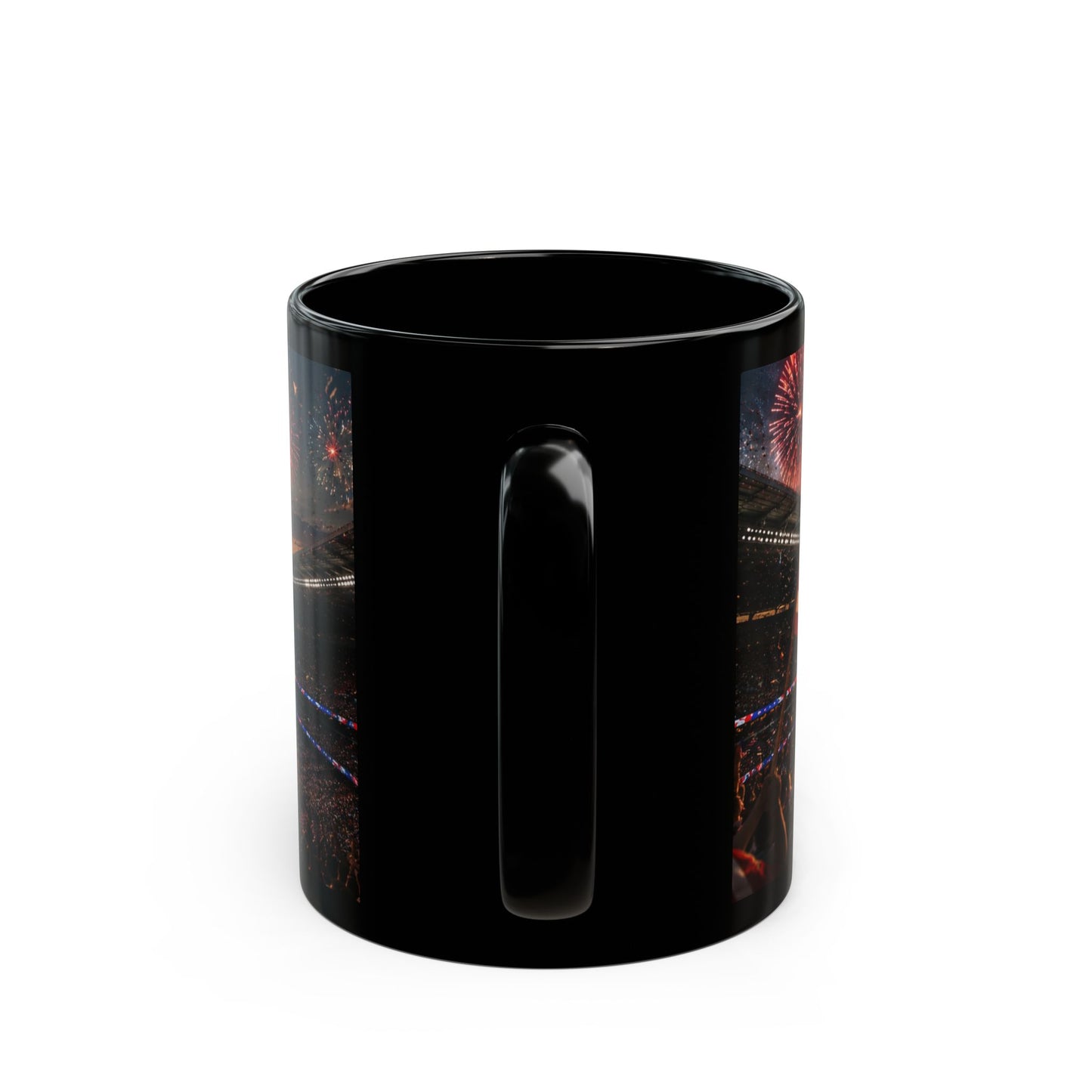World Cup 2026 Patriotic Stadium Fireworks Black Mug — American Flag Football Game Coffee Cup (11oz/15oz)