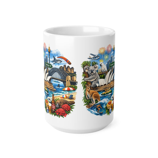 Sydney Australia Souvenir Coffee Mug — 11oz & 15oz Ceramic Cup with Opera House, Harbour Bridge & Native Wildlife