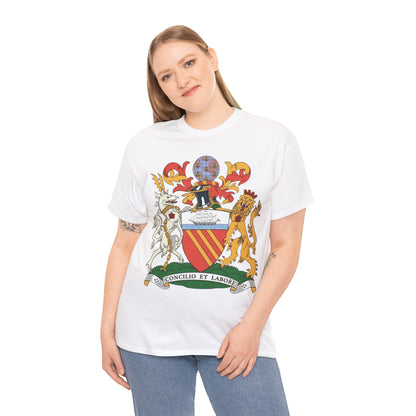 Manchester Coat of Arms Crest T‑Shirt — Heraldic Family Shield Tee with 'Concilio et Labore' Banner