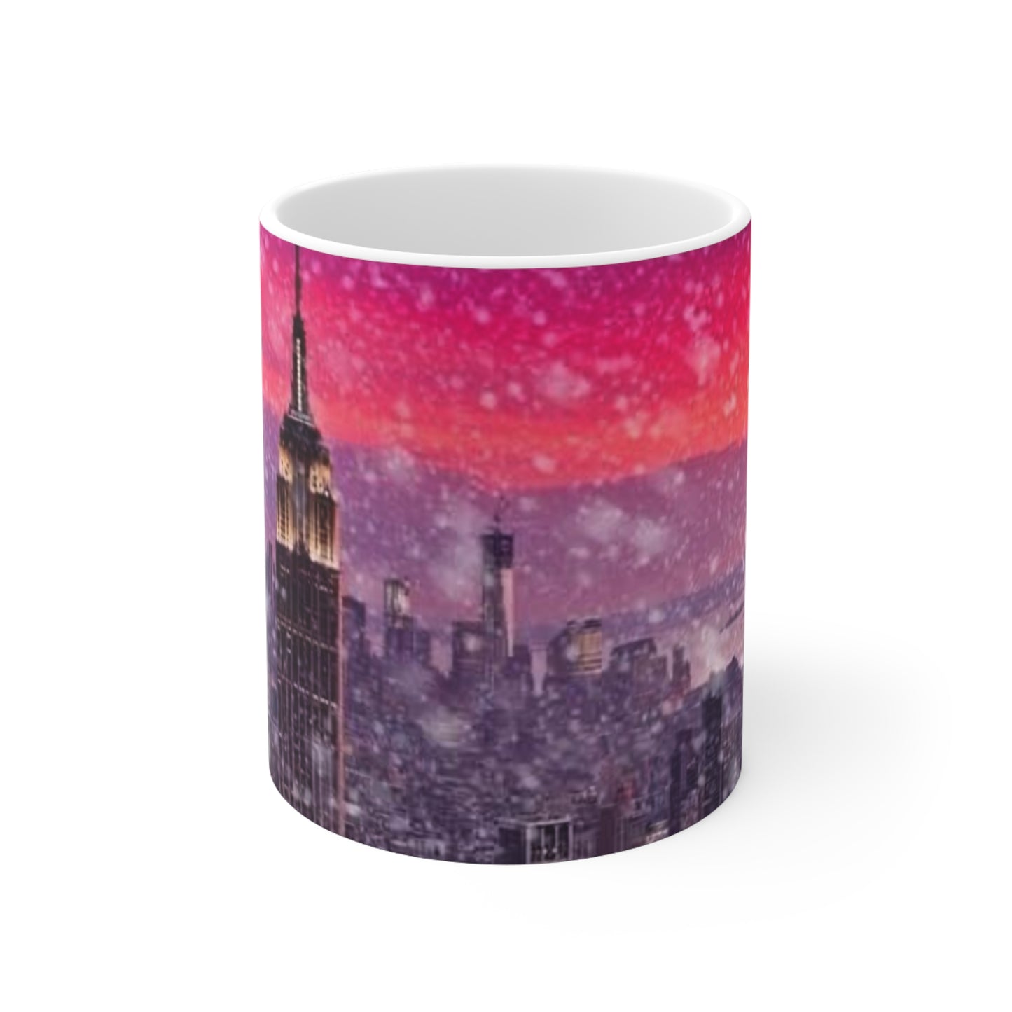 New York City Skyline Mug — Pink Sunset Snowfall Ceramic Coffee Cup (11oz & 15oz)