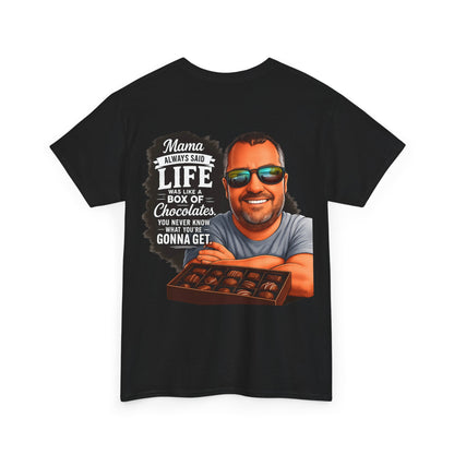T-Shirt — "Mama Always Said Life Is Like A Box Of Chocolates" Graphic Tee (Funny Retro Portrait)