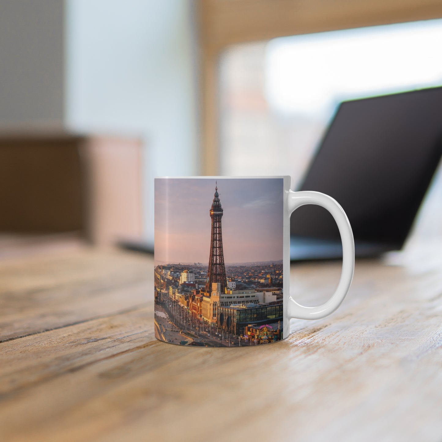 Blackpool Sunset Pier Ceramic Coffee Mug — Coastal Seaside Sunrise Photo, 11oz & 15oz