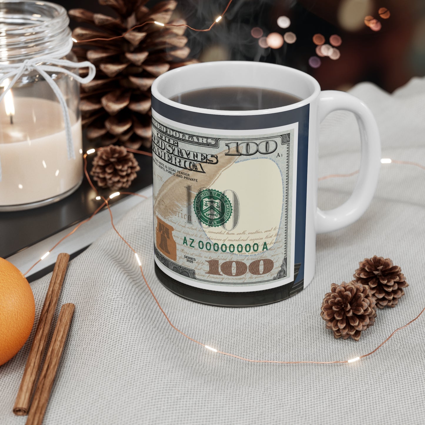 New $100 Bill Money Print Ceramic Coffee Mug — 100 Bill Design (11oz & 15oz)