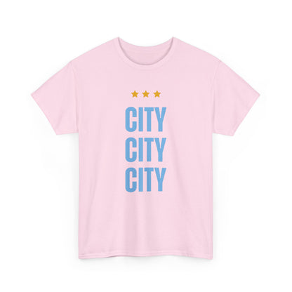 Manchester City City City Tee — Minimal Skyline Graphic T‑Shirt with Three Stars