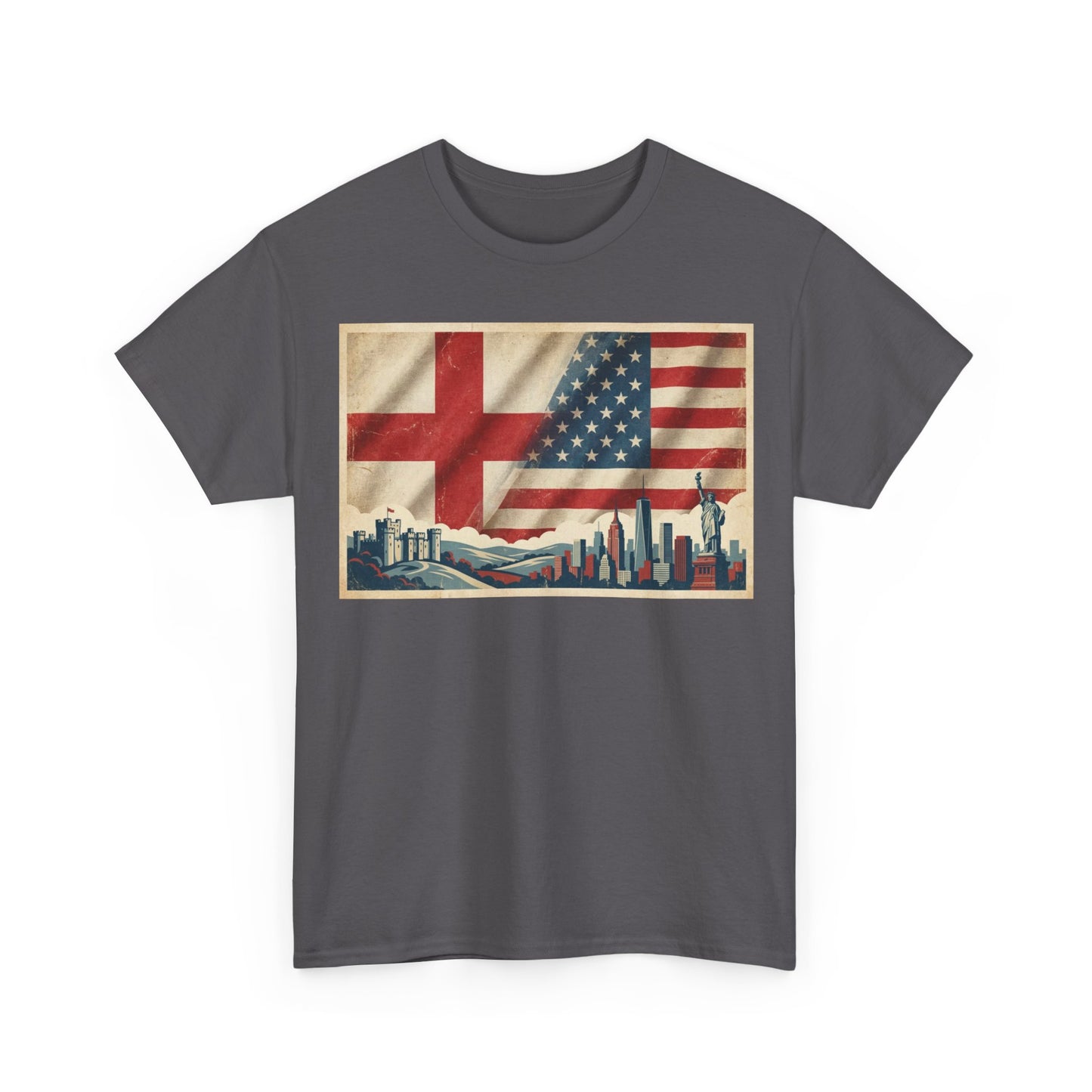 England + USA Flag Skyline T-Shirt — Vintage London & New York City Pride Tee