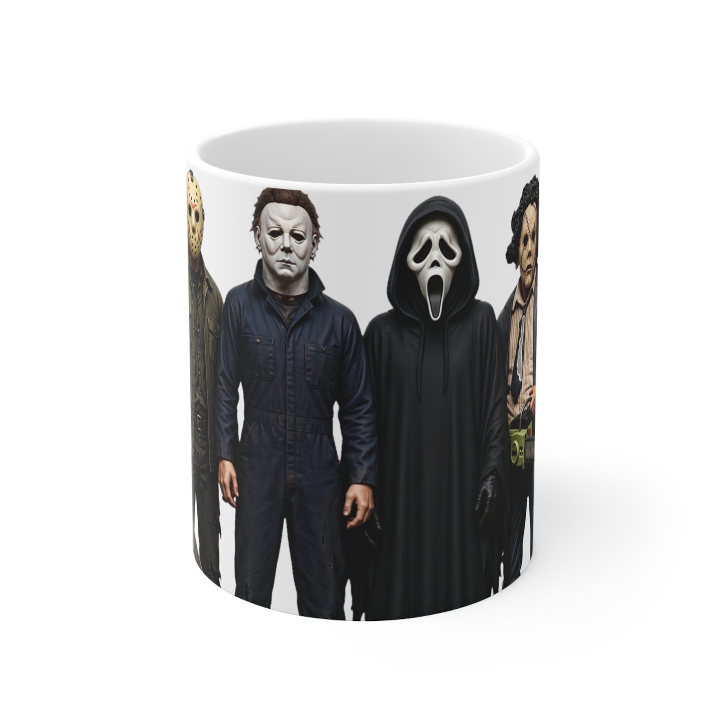 Horror Movie Villains Mug – Michael Myers, Freddy, Jason & Ghostface Ceramic Coffee Cup (11oz & 15oz)