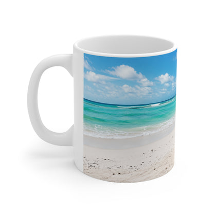 Barbados Beach Bus Stop Photo Mug — Tropical Ocean Scene Ceramic Coffee Cup (11oz & 15oz)