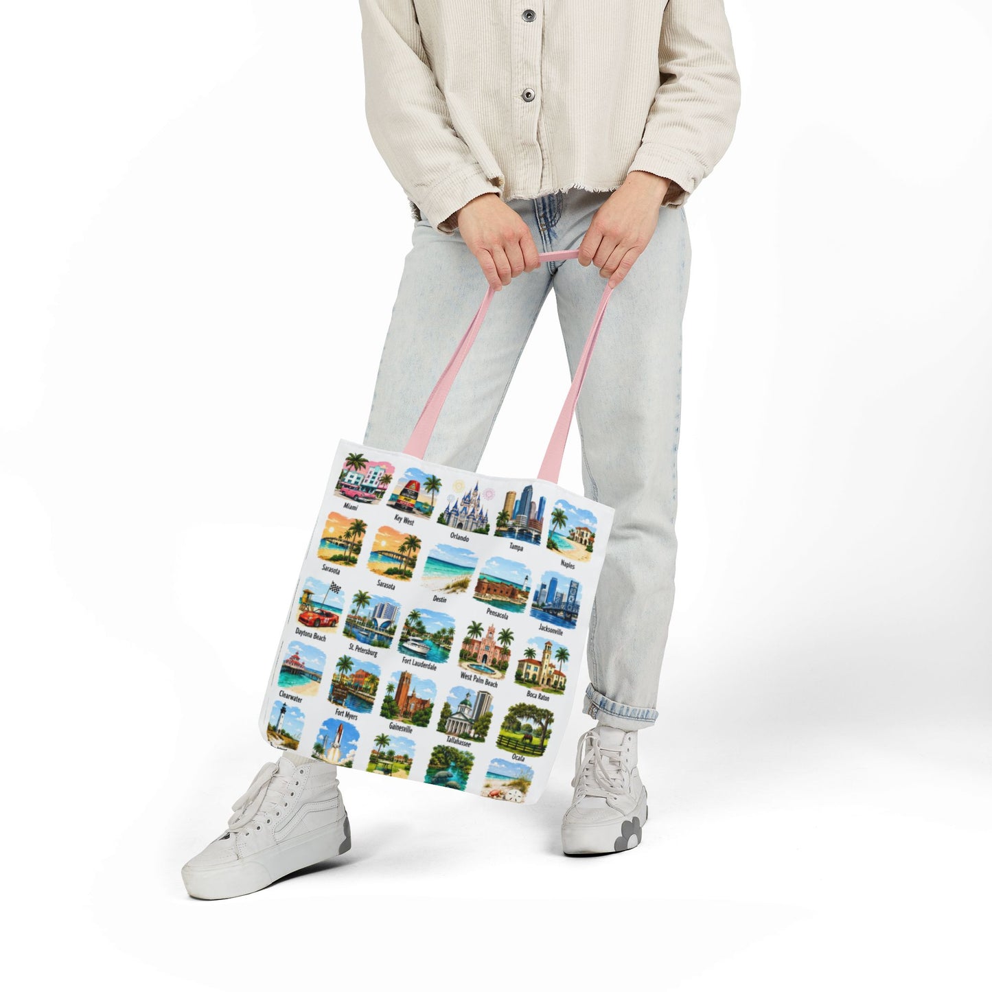 Florida City Landmark Collage Canvas Tote Bag — Vintage Travel Icons Print