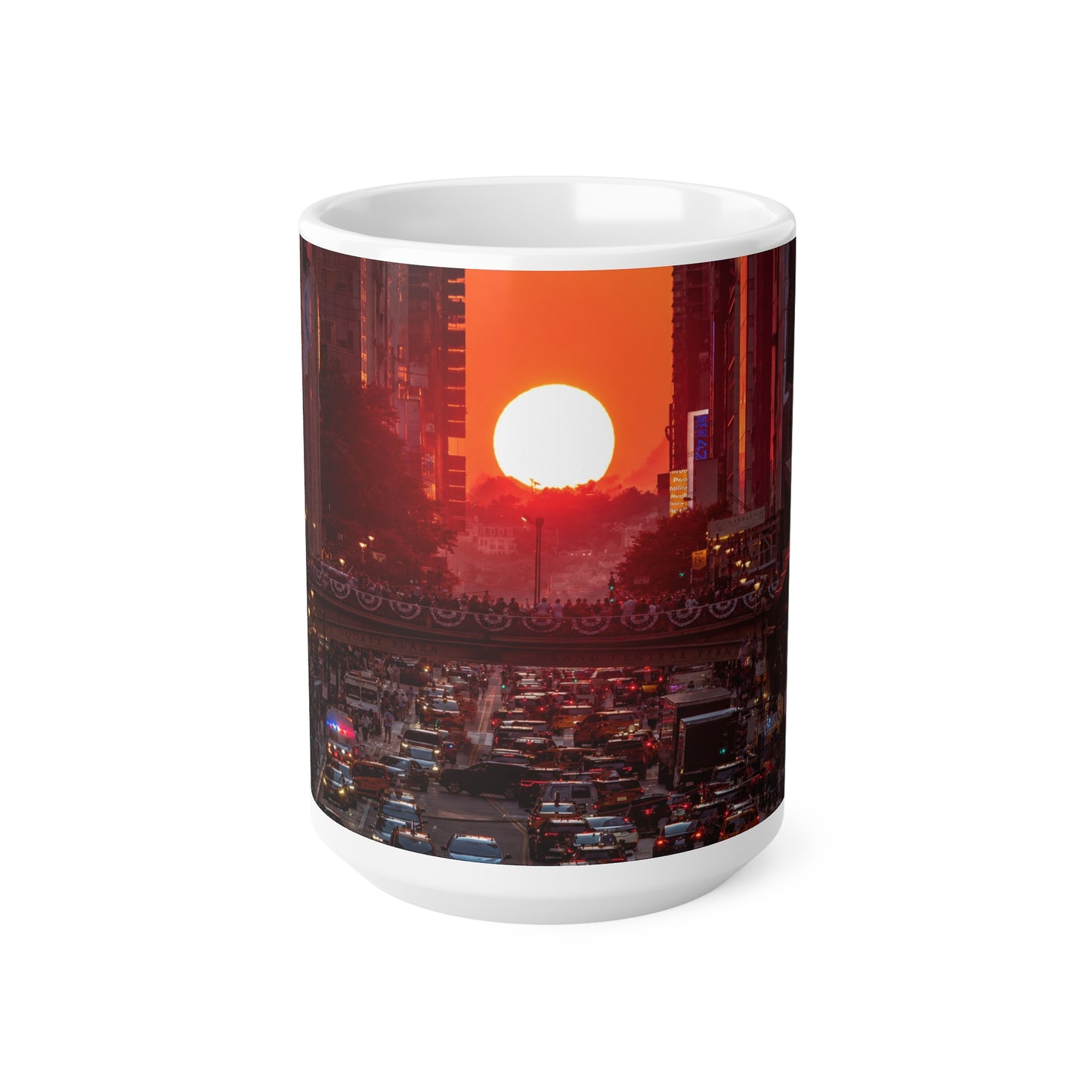 New York City Sunset Traffic Ceramic Coffee Mug — Urban Evening Skyline, 11oz & 15oz