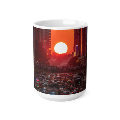 New York City Sunset Traffic Ceramic Coffee Mug — Urban Evening Skyline, 11oz & 15oz